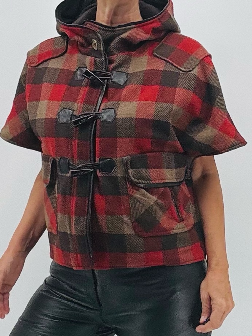 Dollhouse Vintage Y2K Gorpcore Tartan Plaid Wool Faux Leather Cape Hooded Jacket